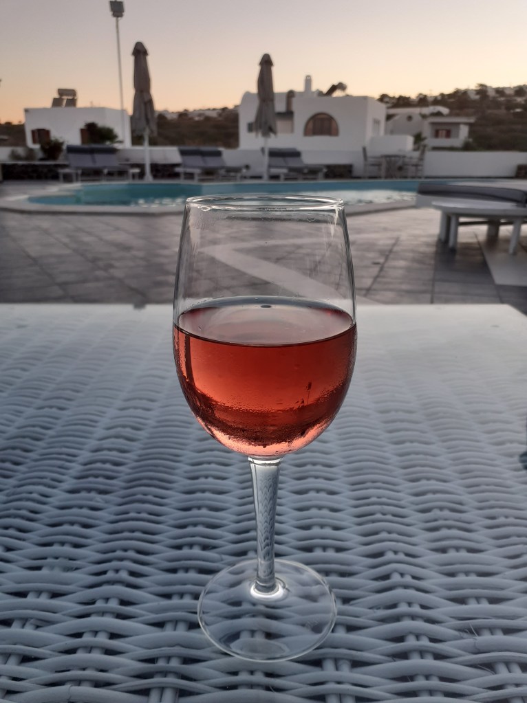 santorini, rose glass, sunset